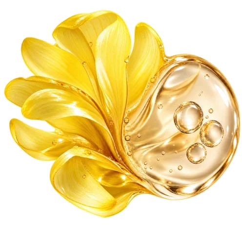 Golden botanical petals curling around a clear gel droplet